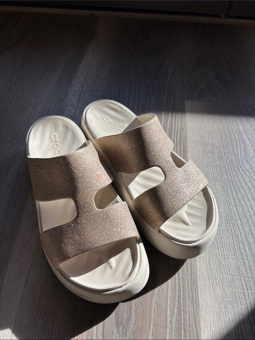 CROCS Women's Glitter Double-Strap Slide Sandal in Sparkling Beige